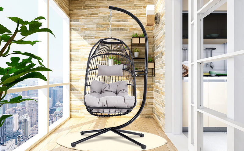 TOPMAX Patio Foldable Swing Chair Porch PE Wicker Egg Hanging Chair Hammock Chair w/Stand and Cushion for Outdoor Balcony Indoor Bedroom, Gray - Atlantic Fine Furniture Inc