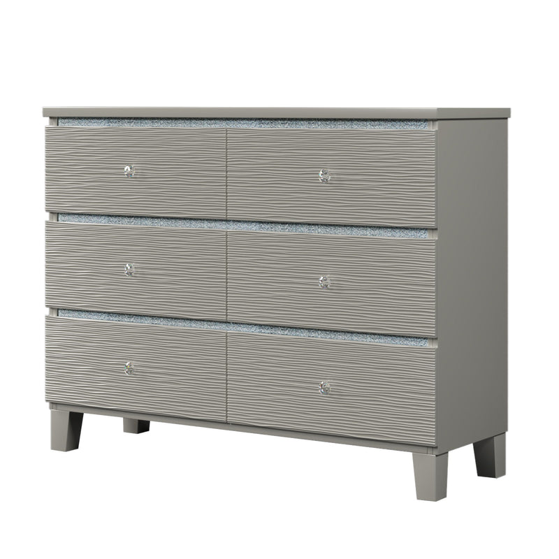 Champagne Silver Rubber Wood Dresser With 6 Drawers Metal Slides Crystal Handle