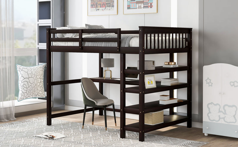 Full Size Loft Bed With Storage Shelves And Under - Bed Desk, Espresso