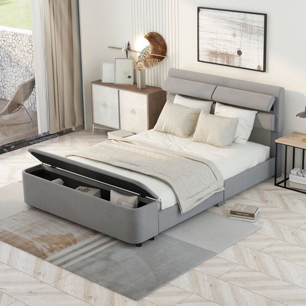 Full Size Upholstery Platform Bed With Storage Headboard And Footboard, Support Legs, Grey