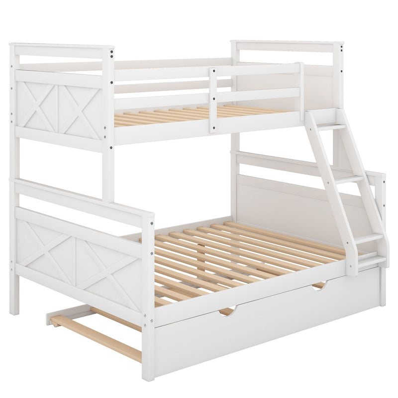 Twin Over Full Bunk Bed With Ladder, Twin Size Trundle, Safety Guardrail - White