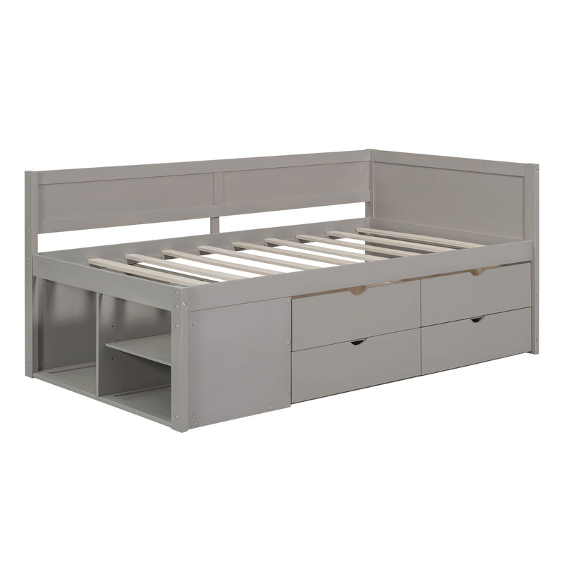 Twin Size Daybed With Drawers And Shelves, Gray