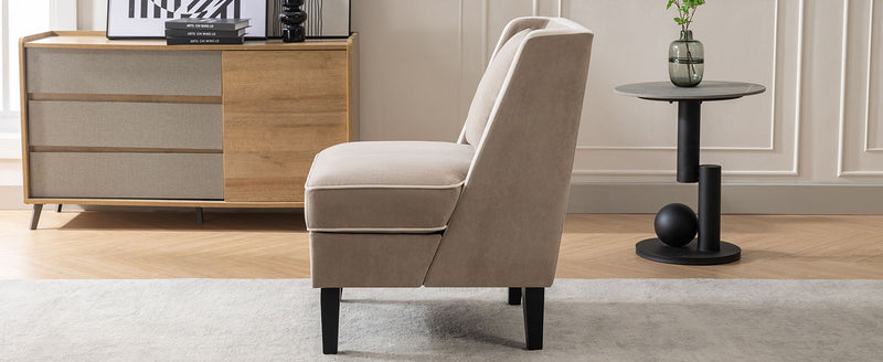 Velvet Upholstered Accent Chair With Cream Piping, Tan And Cream