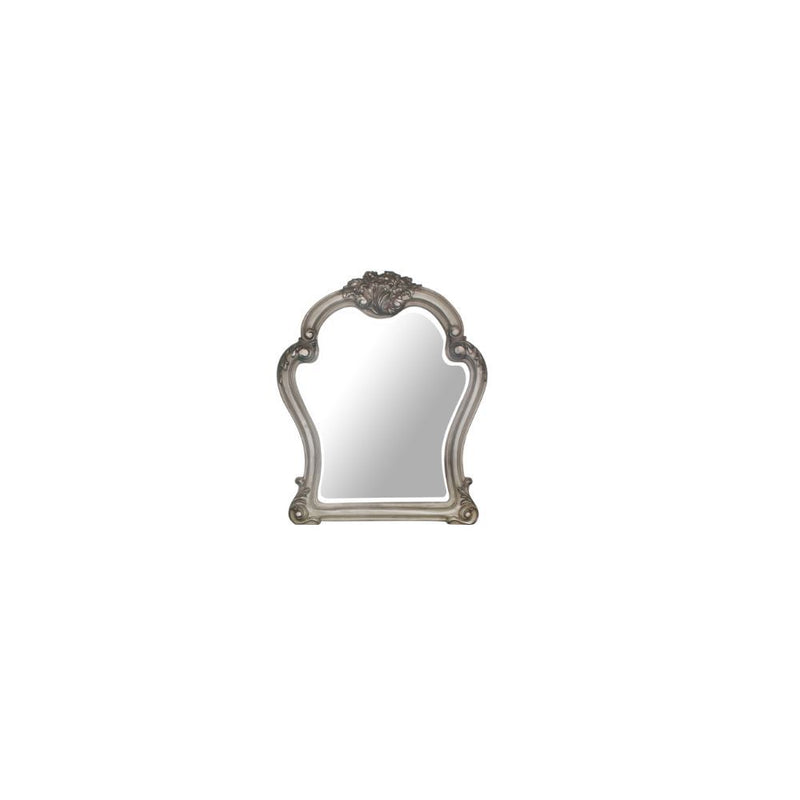 Create an elegant, classy design in your bedroom with the Dresden gold patina and bone mirror. This mirror features a beautiful scrolled frame with beveled edges. Add this mirror to any other piece from this collection to create the perfect bedroom.