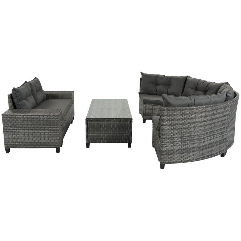 Go 8 Pieces Outdoor Wicker Round Sofa Set, Half Moon Sectional Sets All Weather, Curved Sofa Set With Rectangular Coffee Table, Pe Rattan Water Resistant And Uv Protected, Movable Cushion, Gray