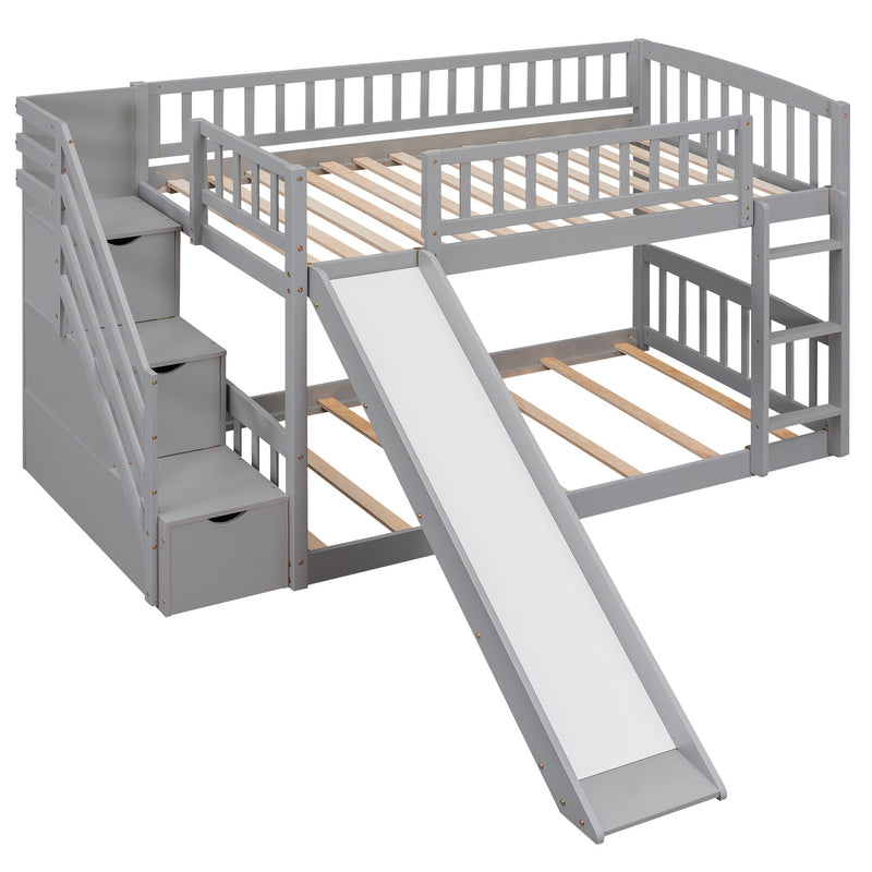 Stairway Twin Over Twin Bunk Bed With Two Drawers And Slide - Gray
