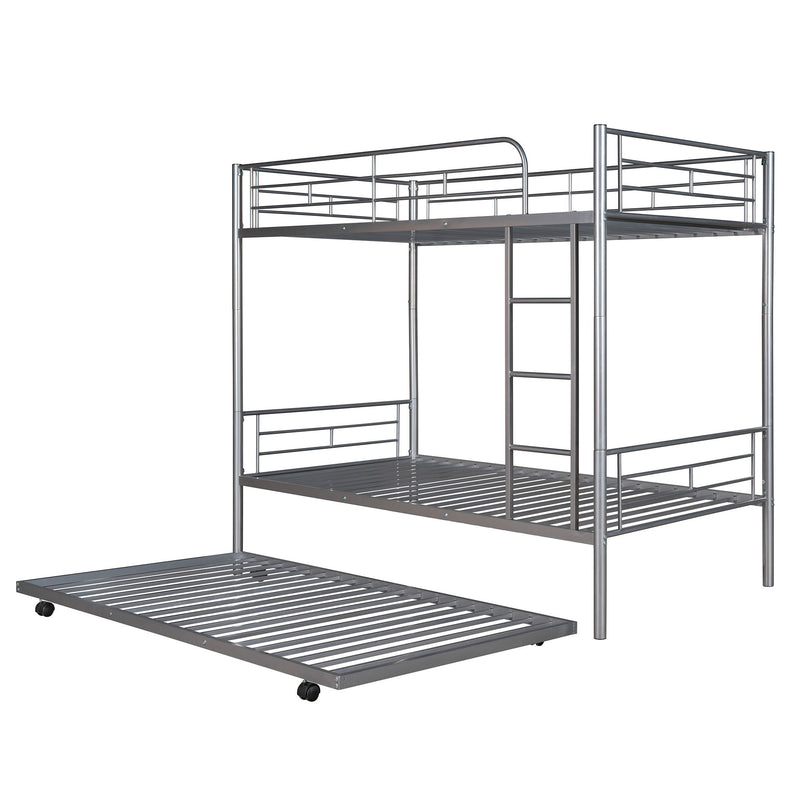 Twin Over Twin Metal Bunk Bed With Trundle, Can Be Divided Into Two Beds, No Box Spring Needed - White