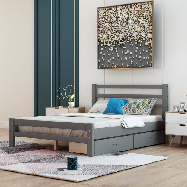 Wood Platform Bed With Two Drawers, Full - (Gray)