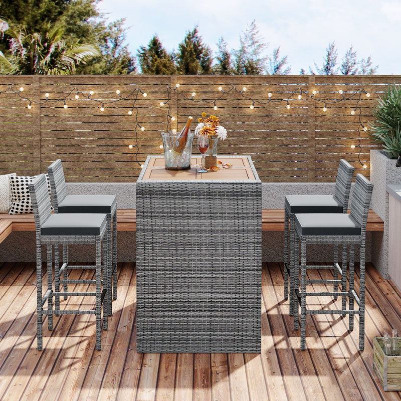 Go 5 Pieces Outdoor Patio Wicker Bar Set, Bar Height Chairs With Non Slip Feet And Fixed Rope, Removable Cushion, Acacia Wood Table Top, Brown Wood And Gray Wicker