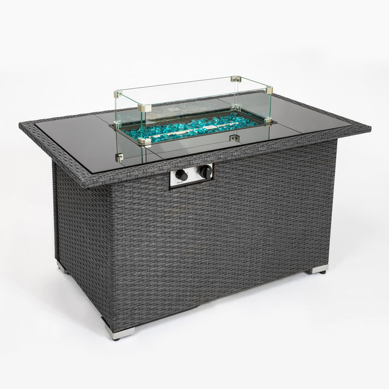 Outdoor 44" Gas Propane Fire pit  Table  Rectangle  50,000 BTU with  8mm Tempered Glass Tabletop & Blue Stone& Steel table lid &Table waterproof dusty Cover ,ETL Certification (Grey)