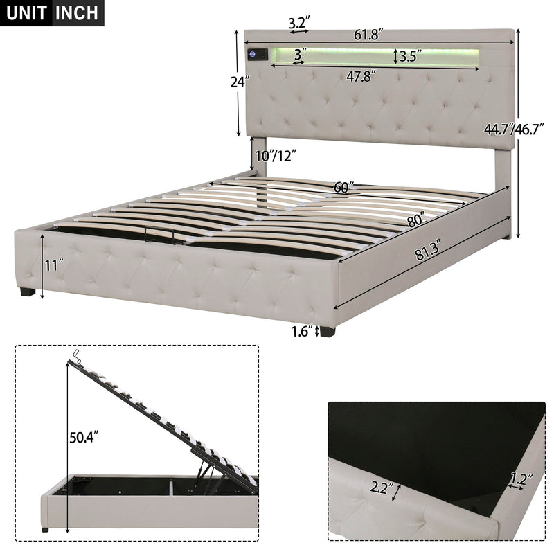 Queen Size Storage Upholstered Platform Bed, Adjustable Headboard Featured With Bluetooth Audio, Led Light And Usb Charging, Beige