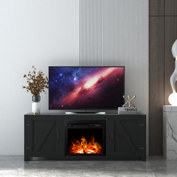 Farmhouse TV Stand, Fireplace TV Stand, Wood Entertainment Center Media Console with Storage,Black - Atlantic Fine Furniture Inc