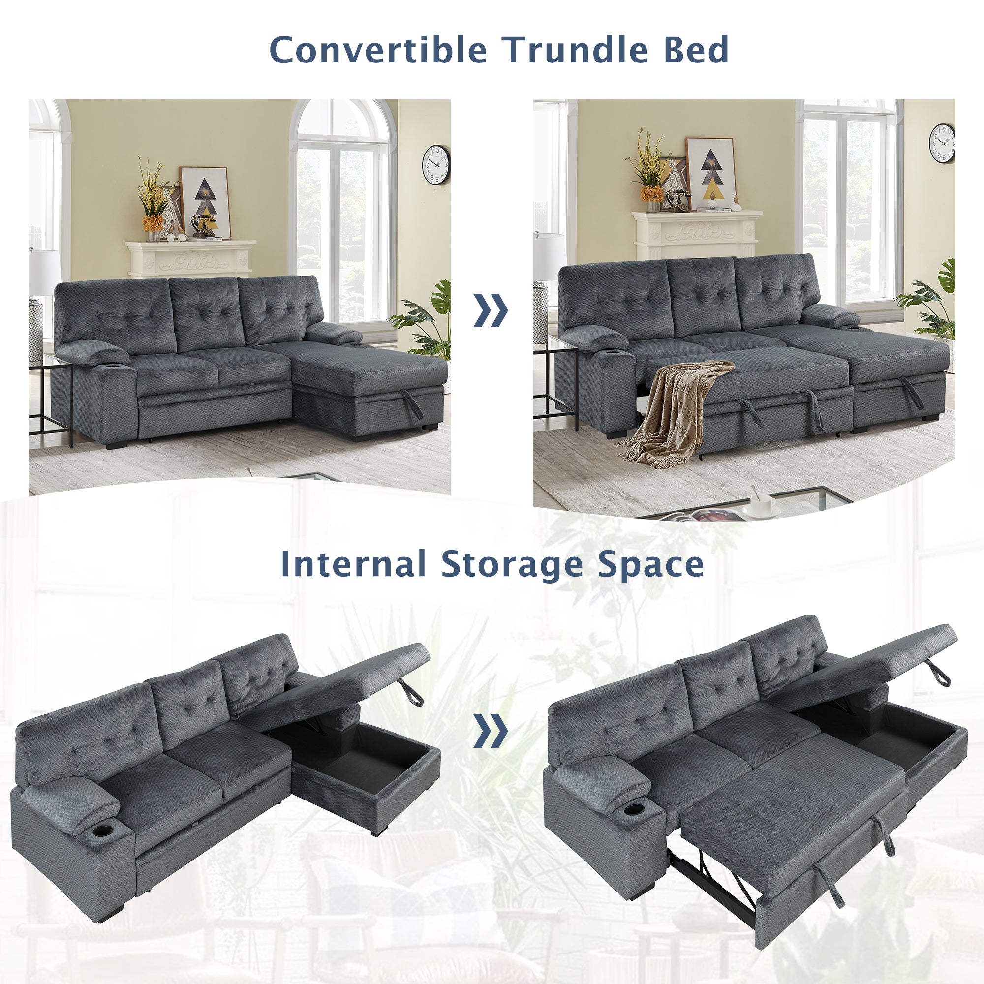 Orisfur. Modern Padded Upholstered  Sofa Bed Sleeper Sectional Sofa with Storage Chaise and Cup Holder for Living Room Furniture Set - Atlantic Fine Furniture Inc