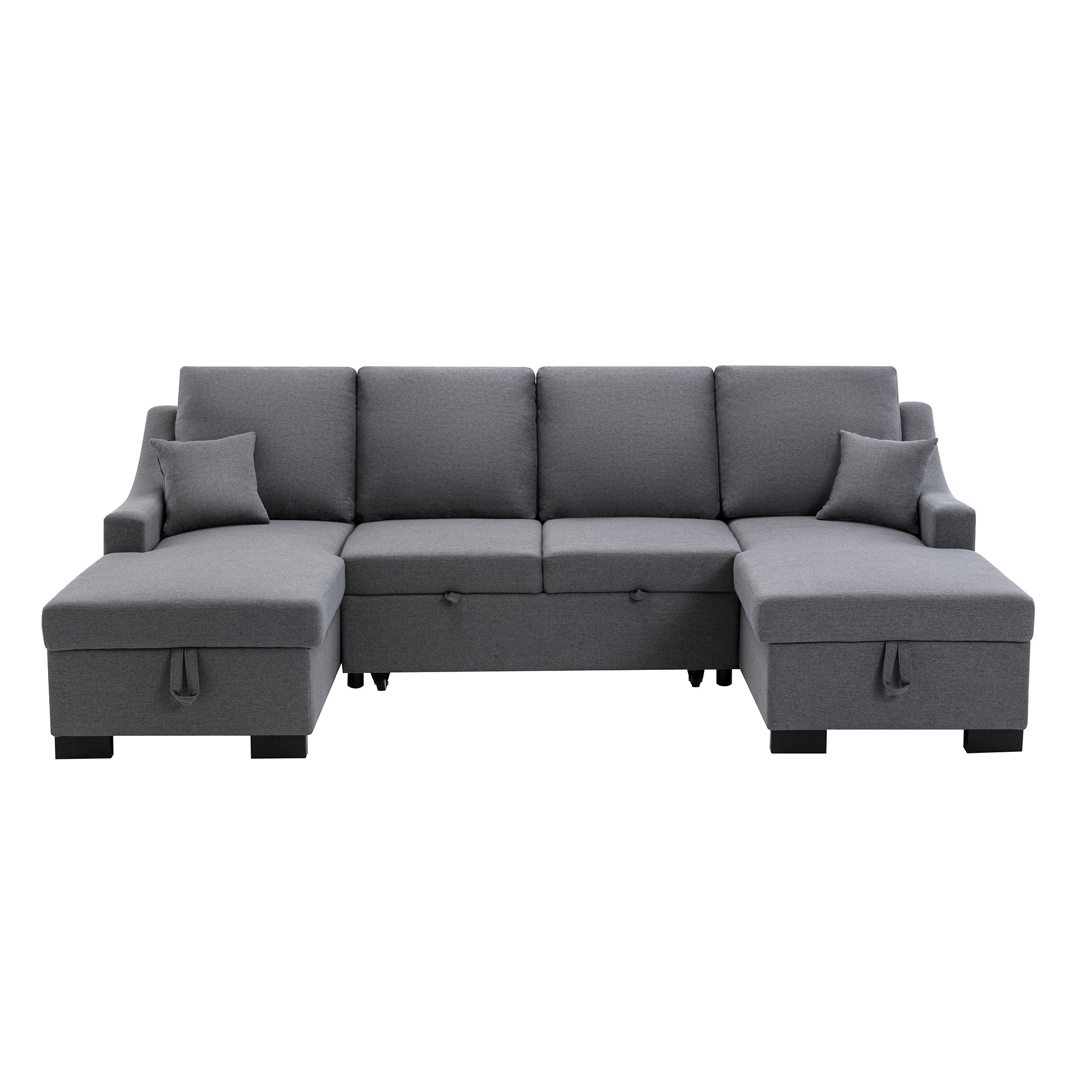 U_STYLE Upholstery Sleeper Sectional Sofa with Double Storage Spaces, 2 Tossing Cushions, Grey - Atlantic Fine Furniture Inc