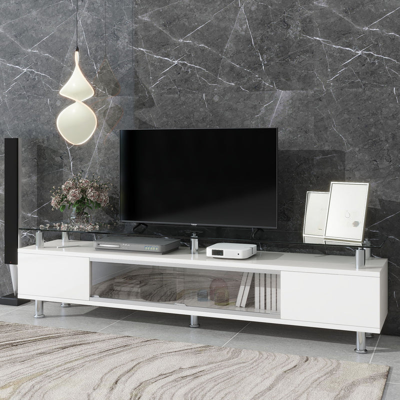 On-Trend Sleek Design TV Stand With Silver Metal Legs For TV Up To 70", Tempered Glass TV Cabinet With Ample Storage Capacity, Contemporary Media Console With Sliding Glass Door For Living Room, White