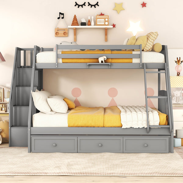 Twin-Over-Full Bunk Bed With Drawers ladder And Storage Staircase, Gray