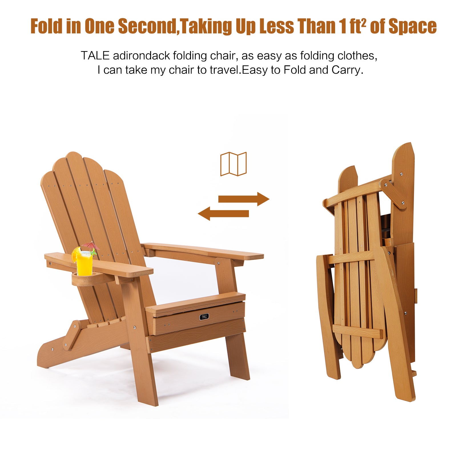 TALE Folding Adirondack Chair with Pullout Ottoman with Cup Holder, Oversized, Poly Lumber,  for Patio Deck Garden, Backyard Furniture, Easy to Install,BROWN. Banned from selling on Amazon - Atlantic Fine Furniture Inc