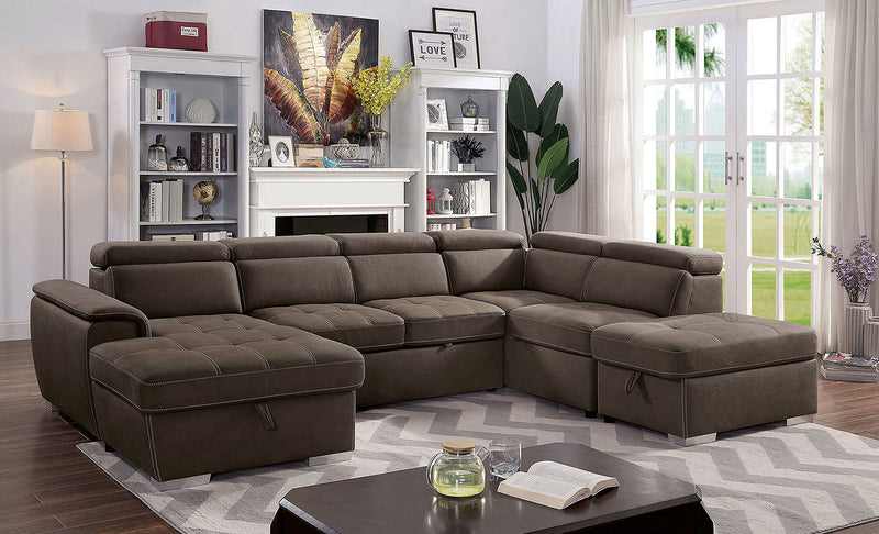 Living Room Sectional Light Brown Sectional Sofa Chaise w Storage Couch Ottoman Nabuck Fabric Pull out sleeper