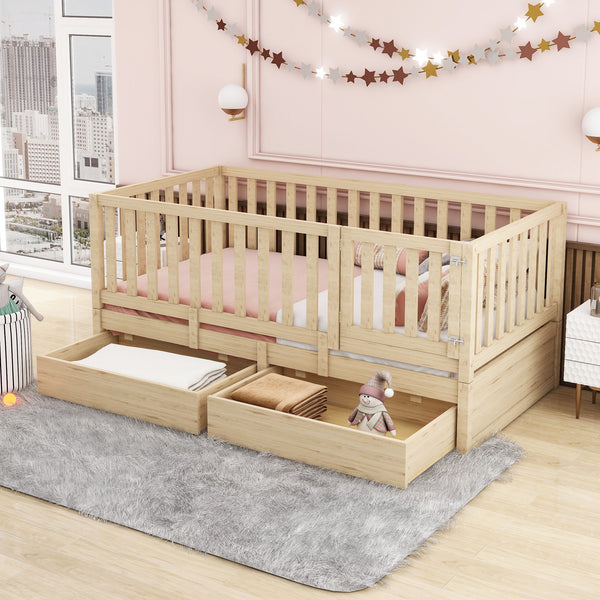 Twin Size Wood Daybed With Fence Guardrails And 2 Drawers, Split Into Independent Floor Bed & Daybed, Natural