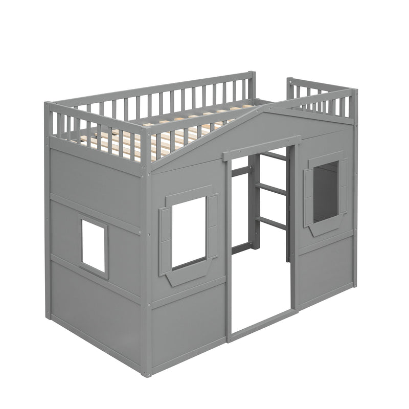 Twin Size House Loft Bed With Ladder - Gray