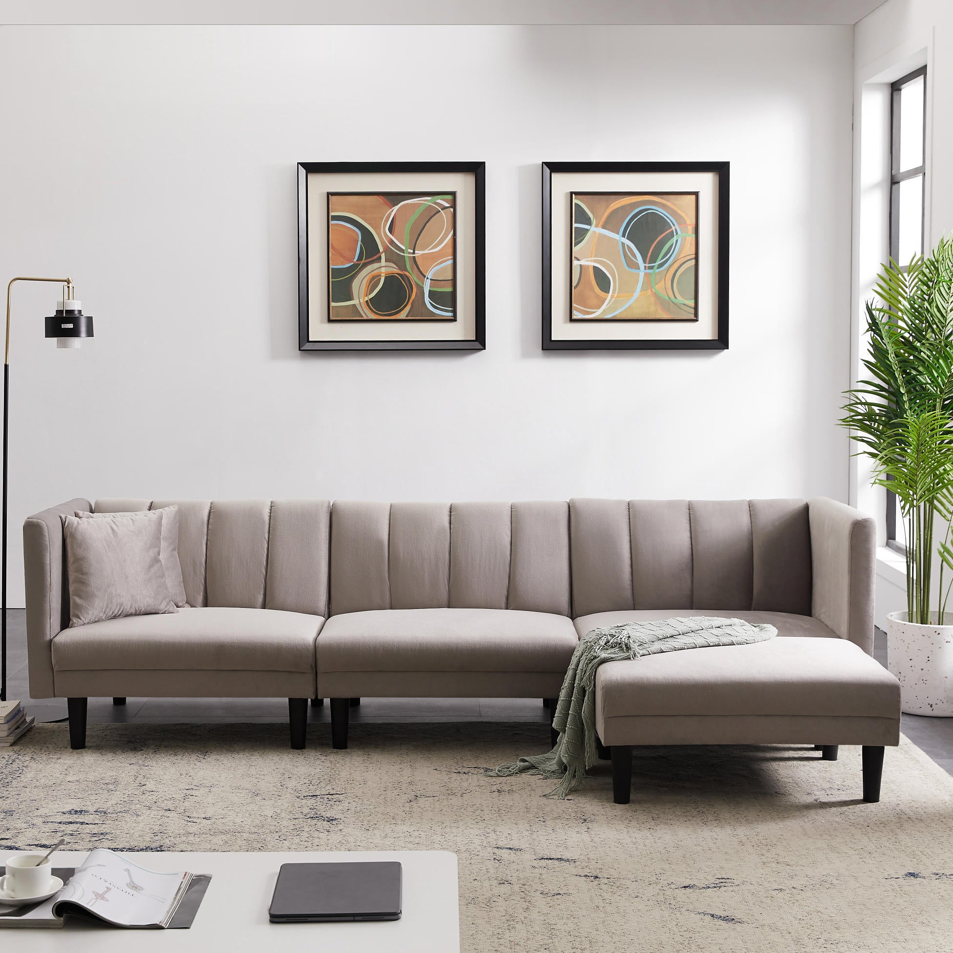 REVERSIBLE SECTIONAL SOFA SLEEPER WITH 2 PILLOWS LIGHT GREY VELVET(W223S00364) - Atlantic Fine Furniture Inc