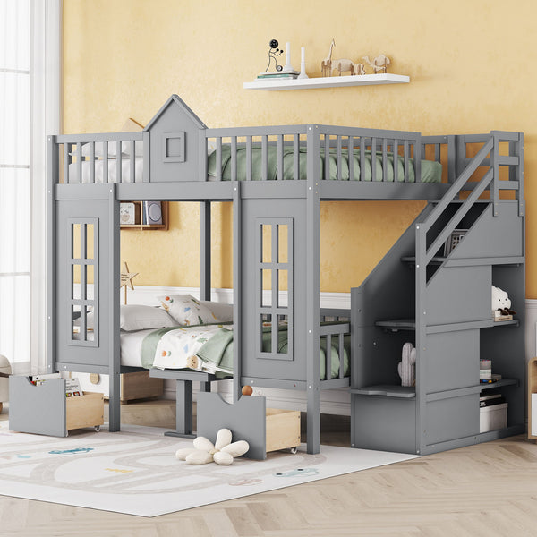 Full-Over-Full Bunk Bed With Changeable Table, Bunk Bed Turn Into Upper Bed And Down Desk - Gray