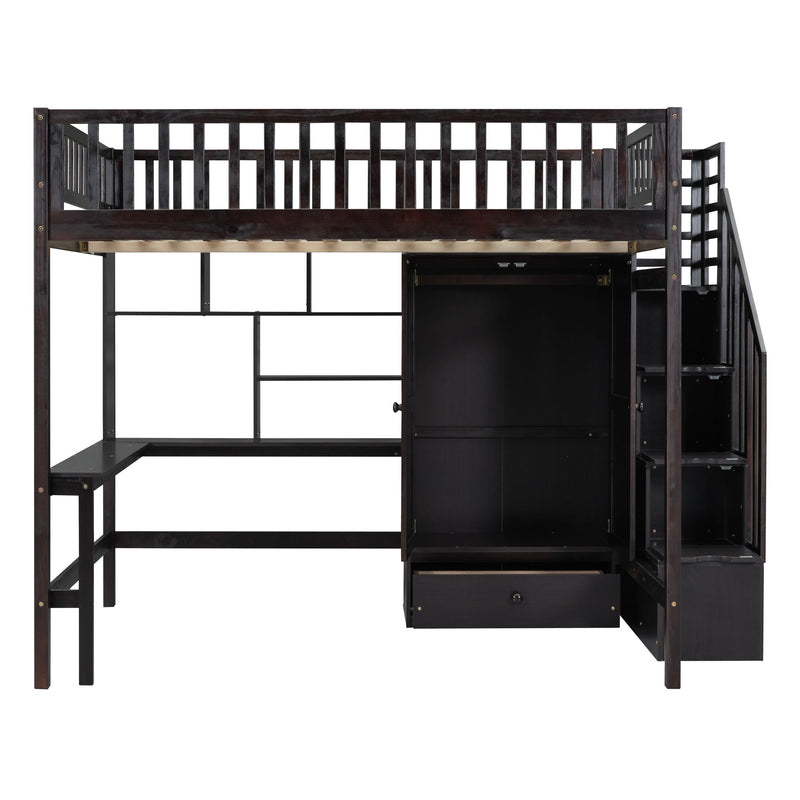 Full Size Loft Bed With Bookshelf, Drawers, Desk, And Wardrobe, Espresso