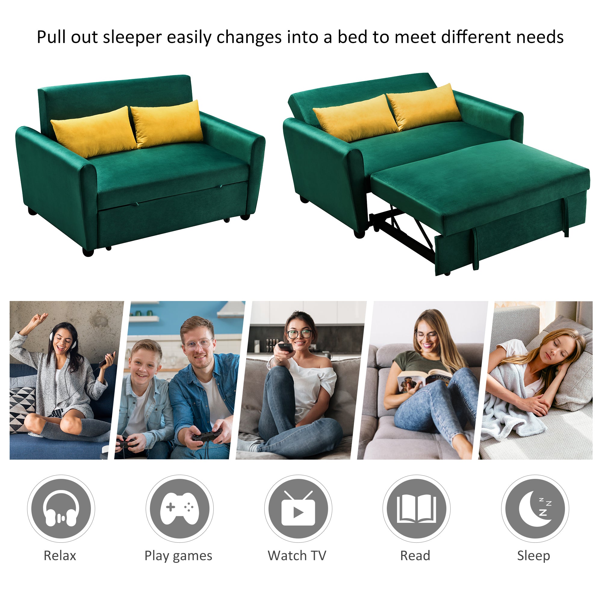 [VIDEO provided]55" Modern Velvet Sofa with Pull-Out Sleeper Bed with 2 Pillows Adjustable Backrest for Small Spaces Green - Atlantic Fine Furniture Inc