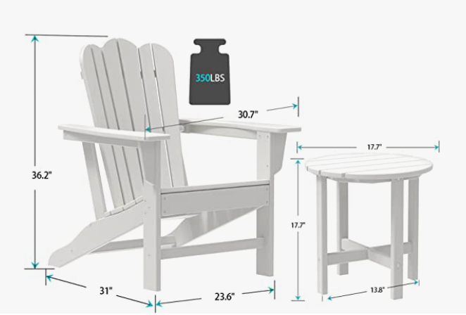 Combo for Family: 2 Plastic Adirondack Chairs & an Outdoor Side Table.  Outdoor Adirondack Chair Patio Lounge Chairs Classic Design (White) - Atlantic Fine Furniture Inc