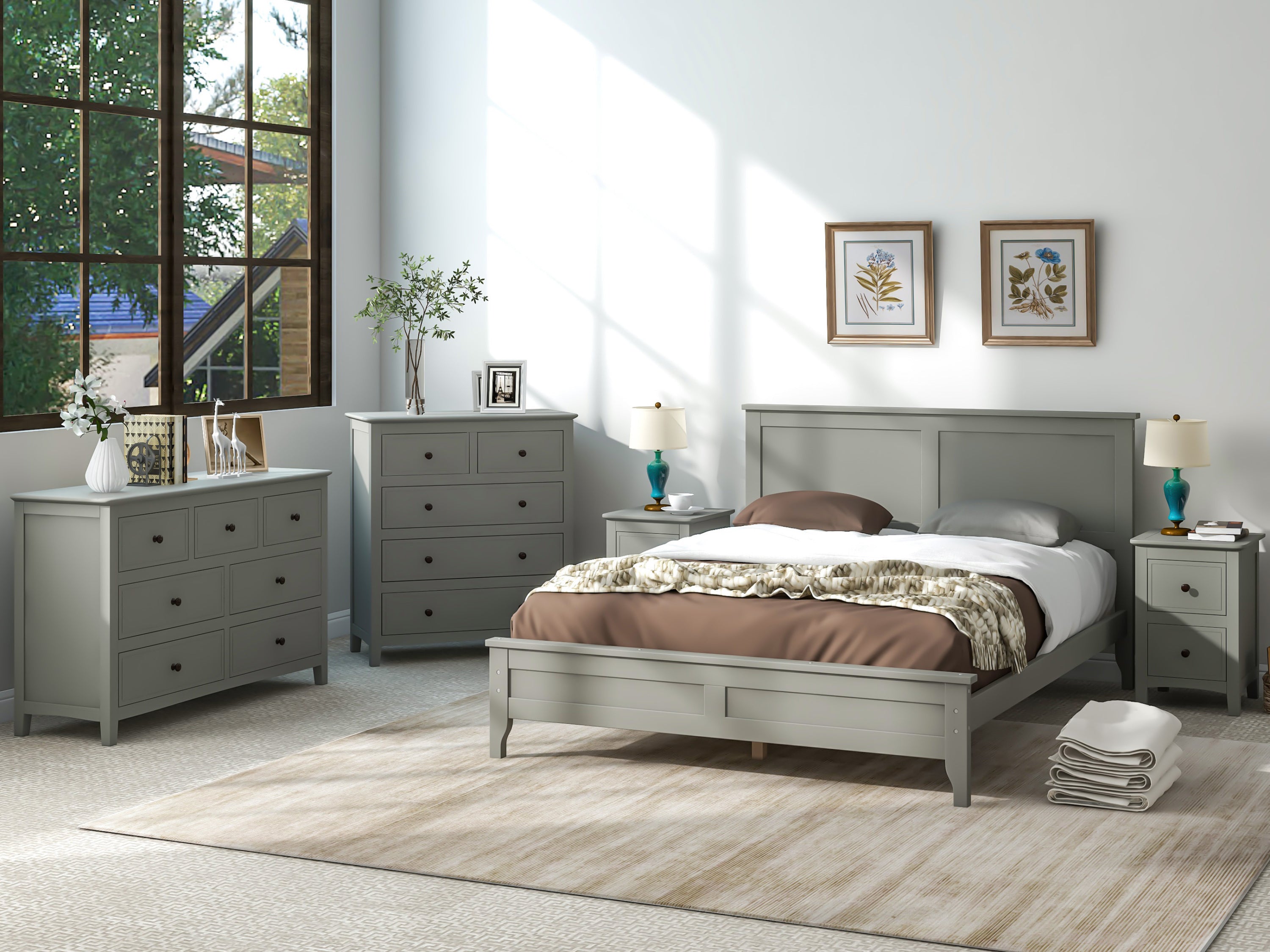 Gray Solid Wood 5 Pieces Full Bedroom Sets(bed+nightstand*2+chest+dresser）NEW - Atlantic Fine Furniture Inc