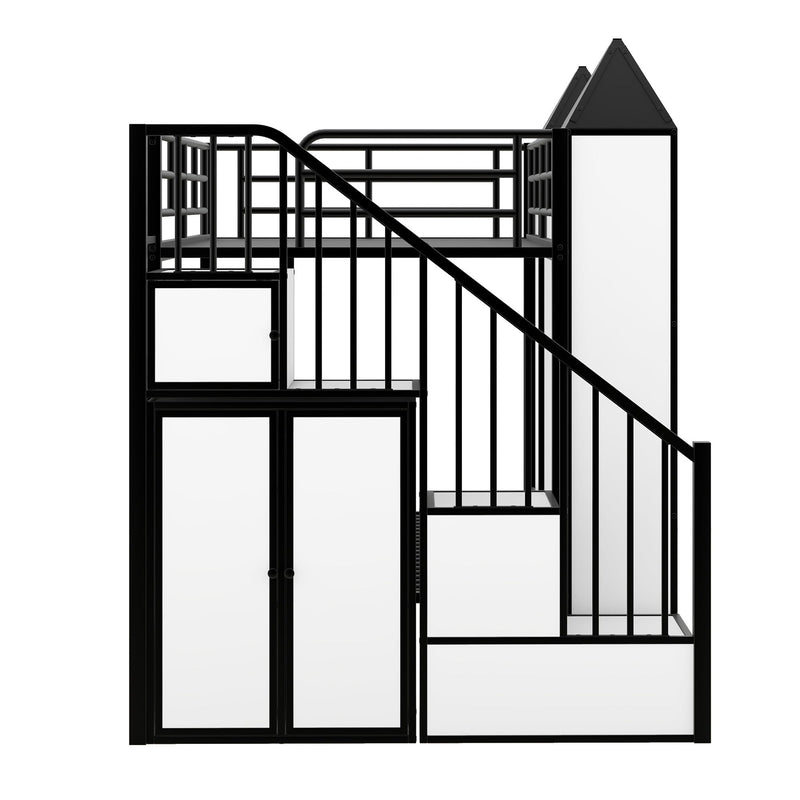 Metal Twin Over Twin Castle-Shaped Bunk Bed With Wardrobe And Multiple Storage, Black / White