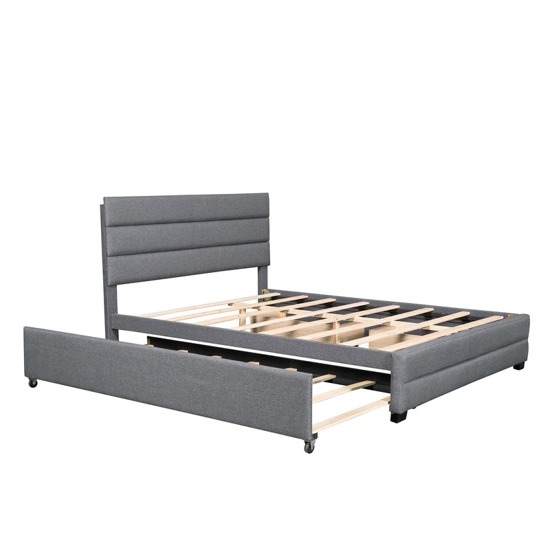 Queen Upholstered Platform Bed With Twin Size Trundle And Two Drawers, Grey