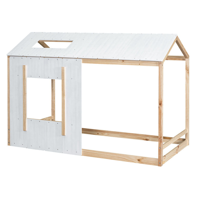 Twin Size House Platform With Roof And Window, White / Natural