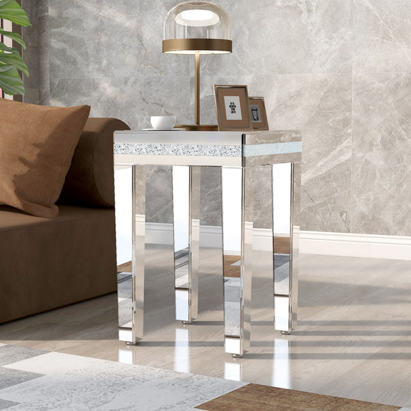 On-Trend Fashionable Modern Glass Mirrored Side Table, Easy Assembly End Table With Crystal Design And Adjustable Height Legs, Silver