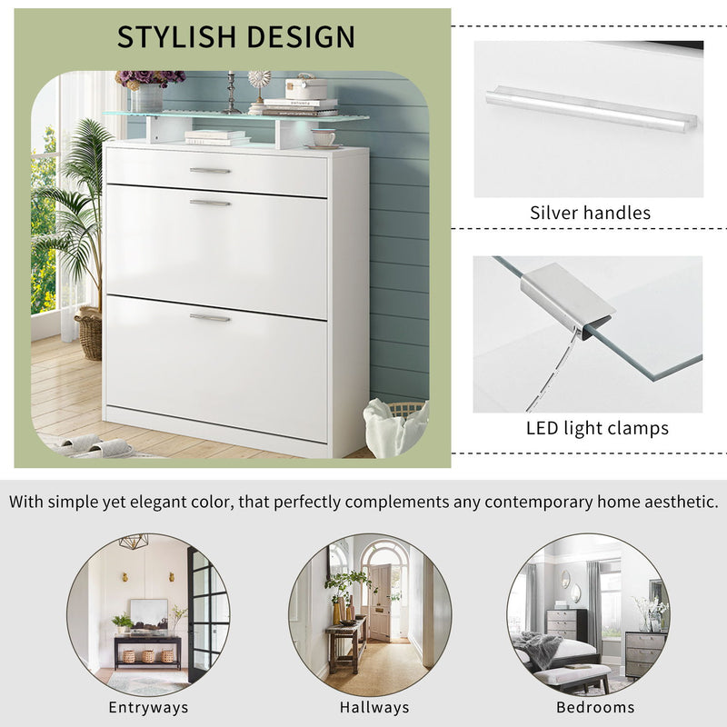 On-Trend Slim Entryway Organizer With 2 Flip Drawers, Tempered Glass Top Shoe Storage Cabinet With Drawer, Free Standing Shoe Rack With Led Light For Hallway, White