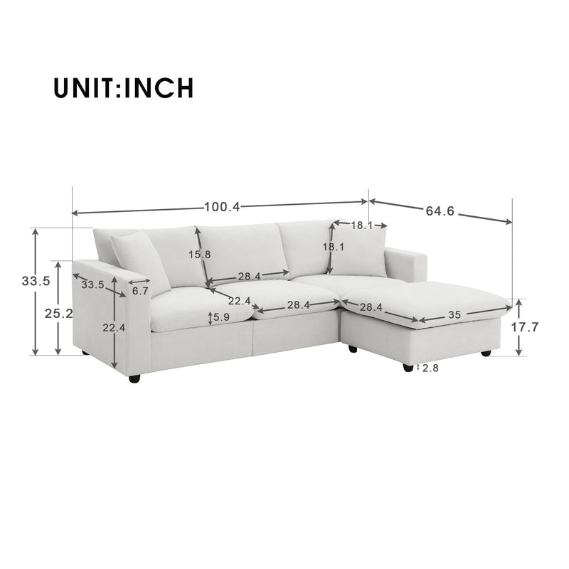 Modern Sectional Sofa, L-Shaped Couch Set With 2 Free Pillows, 4-Seat Polyester Fabric Couch Set With Convertible Ottoman For Living Room, Apartment, Office, 4 Colors