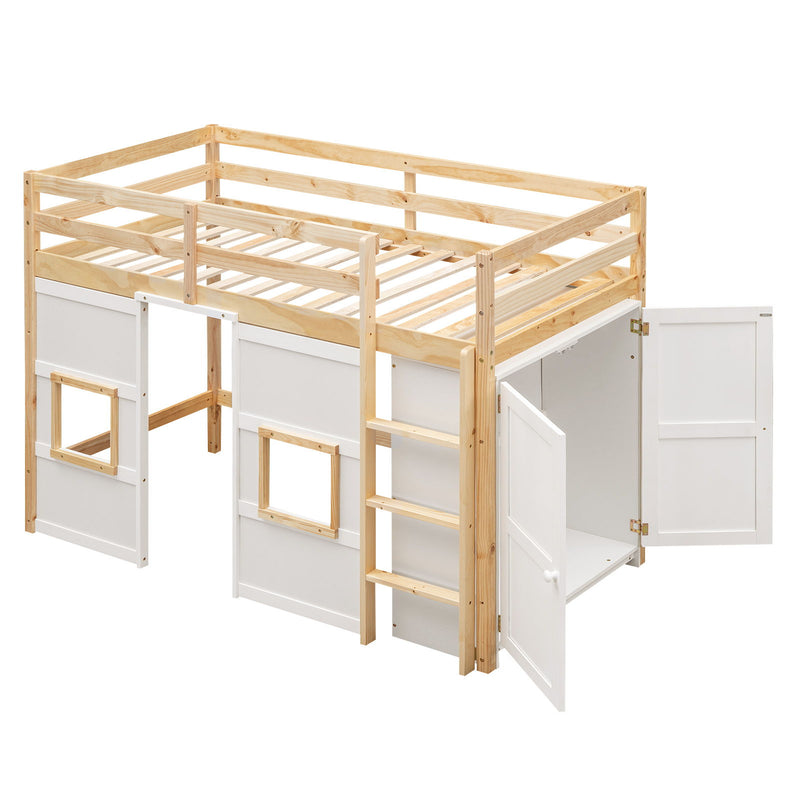 Wood Twin Size Loft Bed With Built-In Storage Wardrobe And 2 Windows, Natural / White