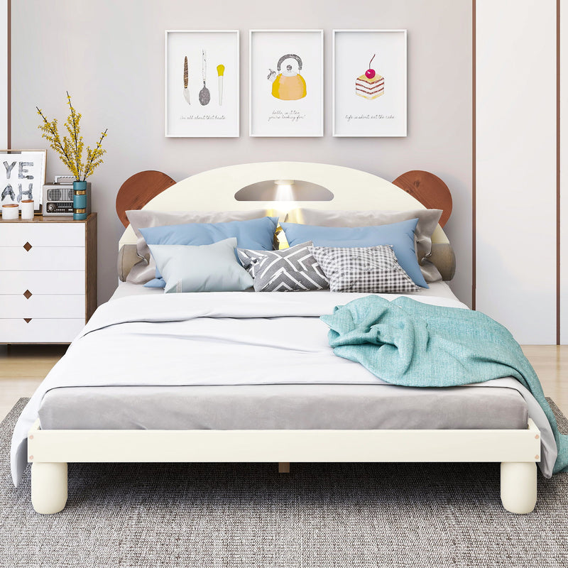 Full Size Platform Bed With Bear Ears Shaped Headboard And Led, Cream White