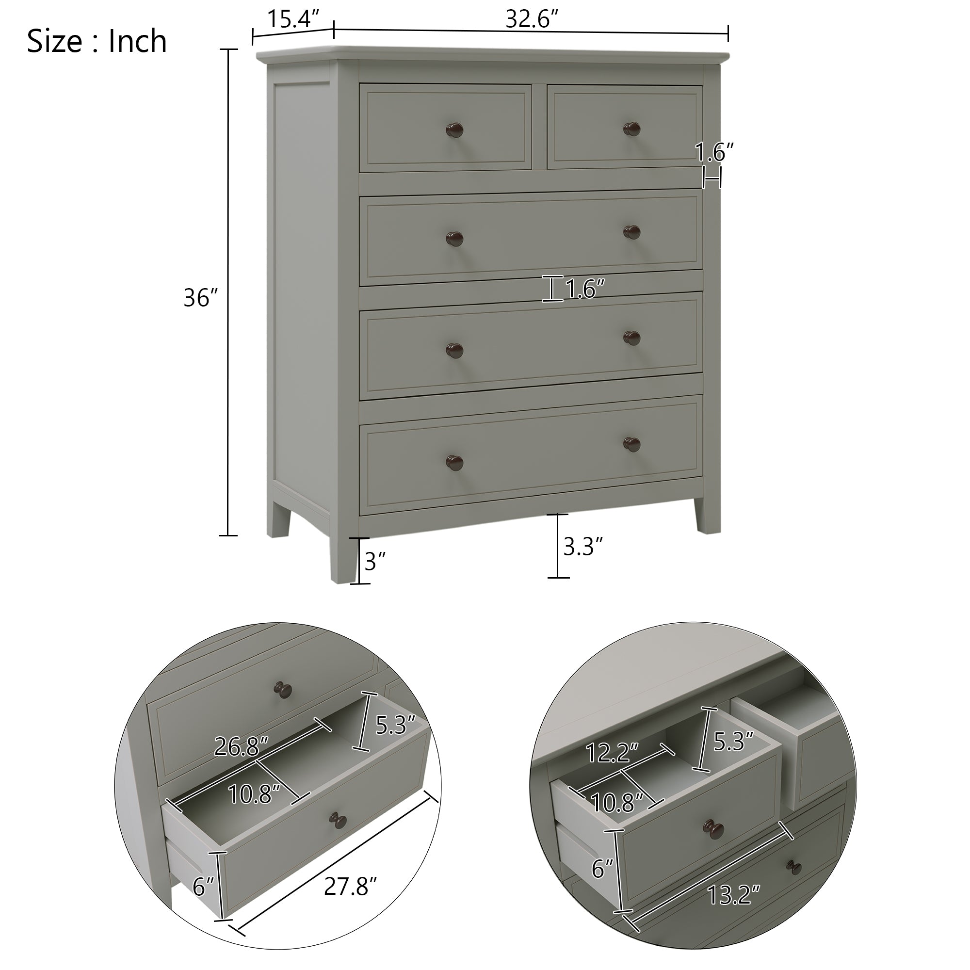 Gray Solid Wood 5 Pieces Full Bedroom Sets(bed+nightstand*2+chest+dresser）NEW - Atlantic Fine Furniture Inc