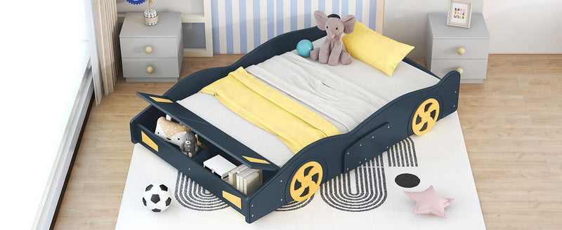 Full Size Race Car-Shaped Platform Bed With Wheels And Storage, Dark Blue / Yellow