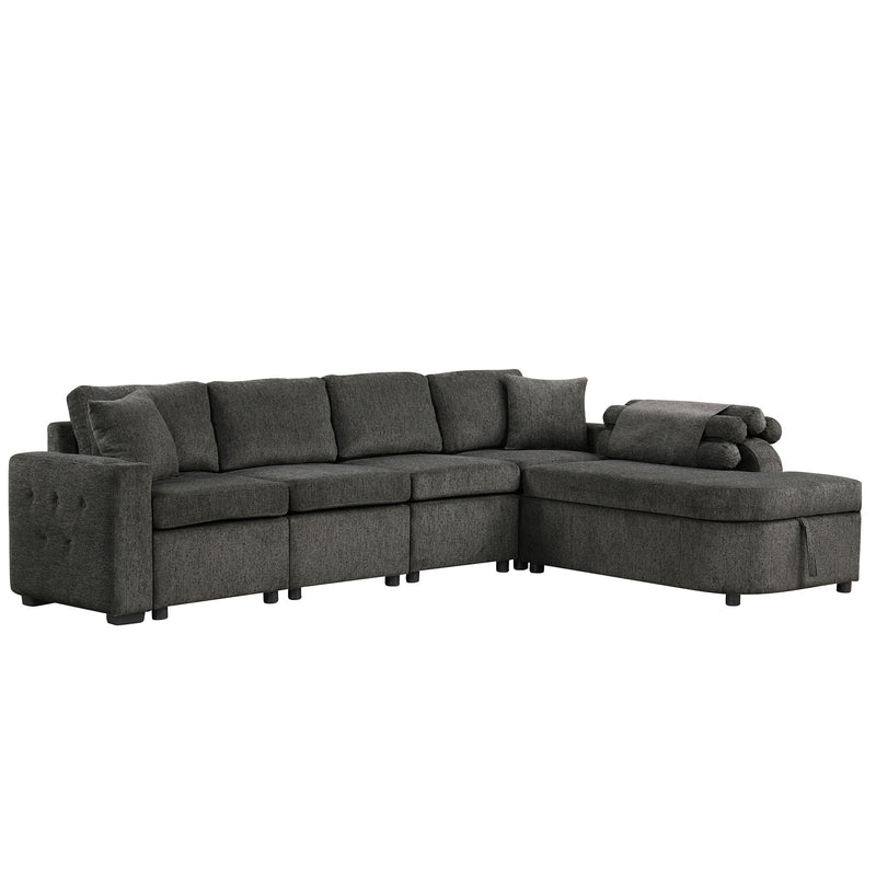 Shaped Couch Sectional Sofa With Storage Chaise, Cup Holder, Type C And USB Ports For Living Room, Black