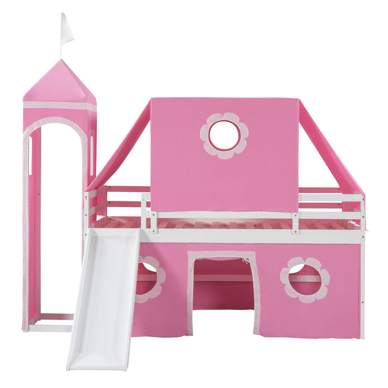 Twin Size Bunk Bed With Slide Pink Tent And Tower - Pink