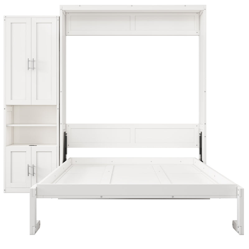 Queen Size Murphy Bed With 1 Side Cabinet Storage Shelf, 68-Inch Cabinet Bed Folding Wall Bed With Desk Combo Perfect For Guest Room, Study, Office, White