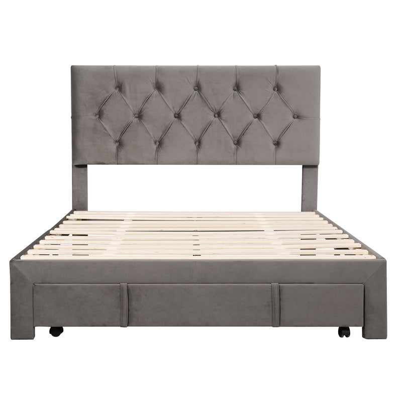 Full Size Storage Bed Velvet Upholstered Platform Bed With A Big Drawer Gray