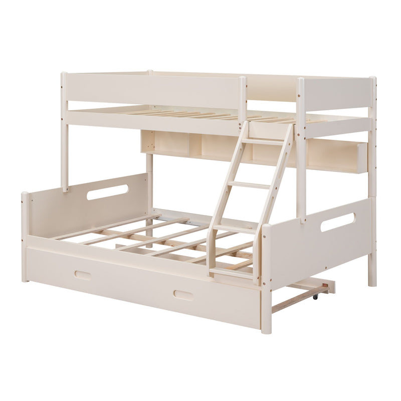 Wood Twin Over Full Bunk Bed With Storage Shelves And Twin Size Trundle, Cream