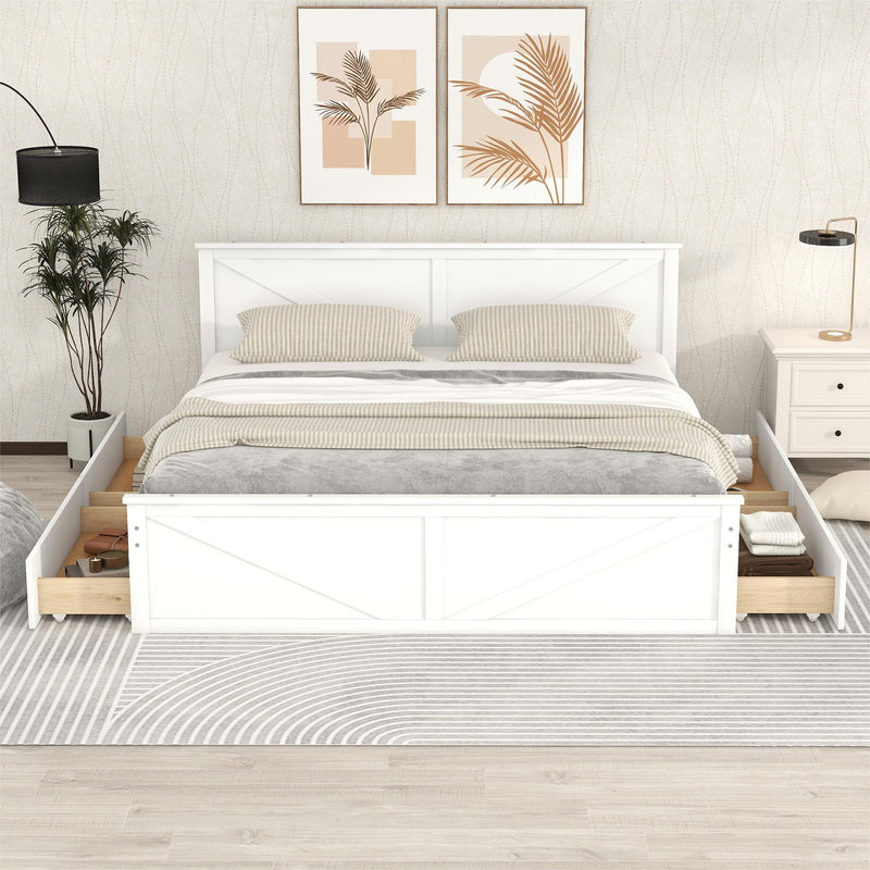 King Size Wooden Platform Bed With Four Storage Drawers And Support Legs, White