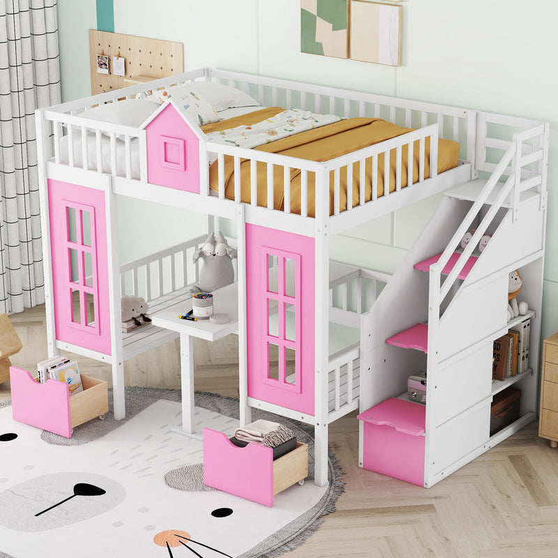 Full-Over-Full Bunk Bed With Changeable Table, Bunk Bed Turn Into Upper Bed And Down Desk - Pink / White