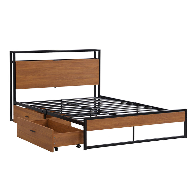 Full Size Metal Platform Bed Frame With Four Drawers, Sockets And Usb Ports, Slat Support No Box Spring Needed Black