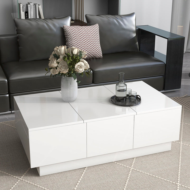 On-Trend Multifunctional Coffee Table With 2 Large Hidden Storage Compartment, Extendable Cocktail Table With 2 Drawers, High-Gloss Center Table With Sliding Top For Living Room, 39.3"X21.6", White