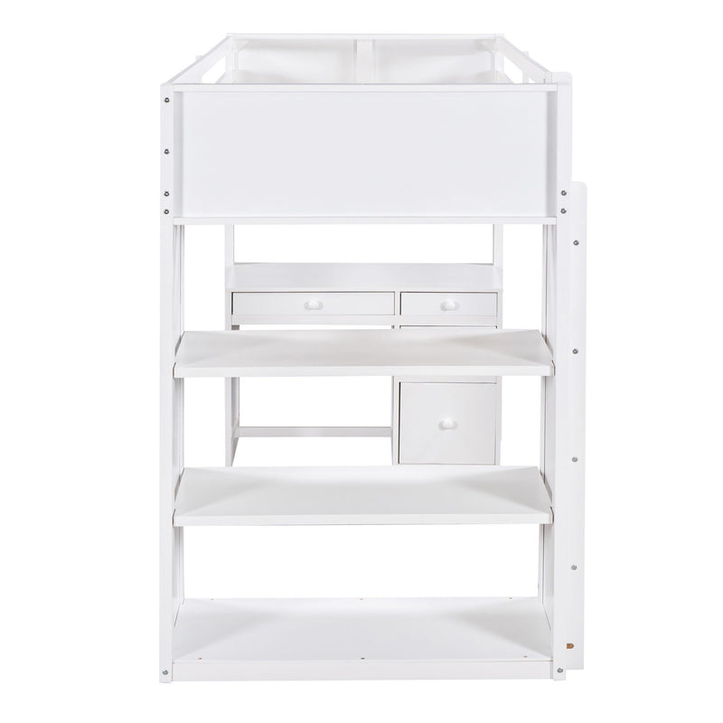 Twin Size Loft Bed With Ladder, Shelves, And Desk - White